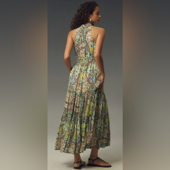 ANTHROPOLOGIE | NWT The Somerset Halter Maxi Dress in Green Motif, Size Large - Picture 4 of 12